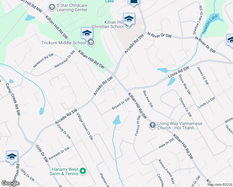 map of restaurants, bars, coffee shops, grocery stores, and more near 4421 Bryant Drive Southwest in Lilburn