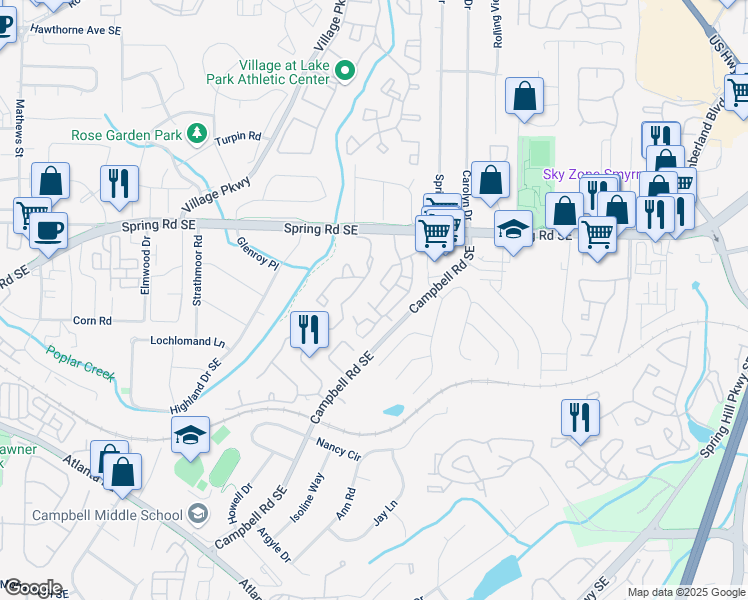 map of restaurants, bars, coffee shops, grocery stores, and more near 1101 Country Park Drive in Smyrna