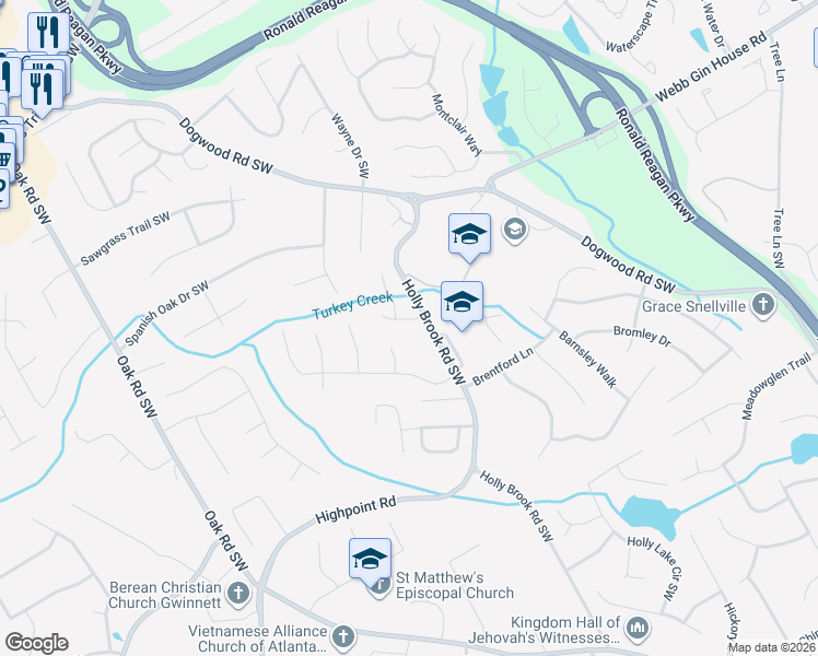 map of restaurants, bars, coffee shops, grocery stores, and more near 2710 Runnelwood Ln in Snellville
