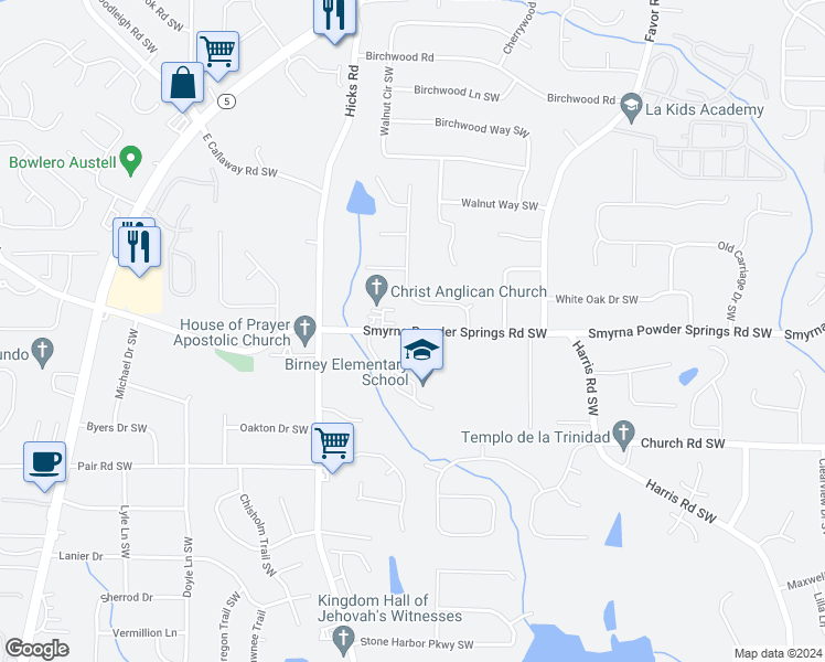 map of restaurants, bars, coffee shops, grocery stores, and more near 661-781 Smyrna Powder Springs Rd SW in Marietta