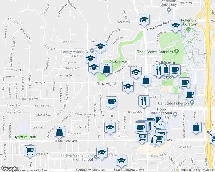 map of restaurants, bars, coffee shops, grocery stores, and more near 2033 East Fern Drive in Fullerton
