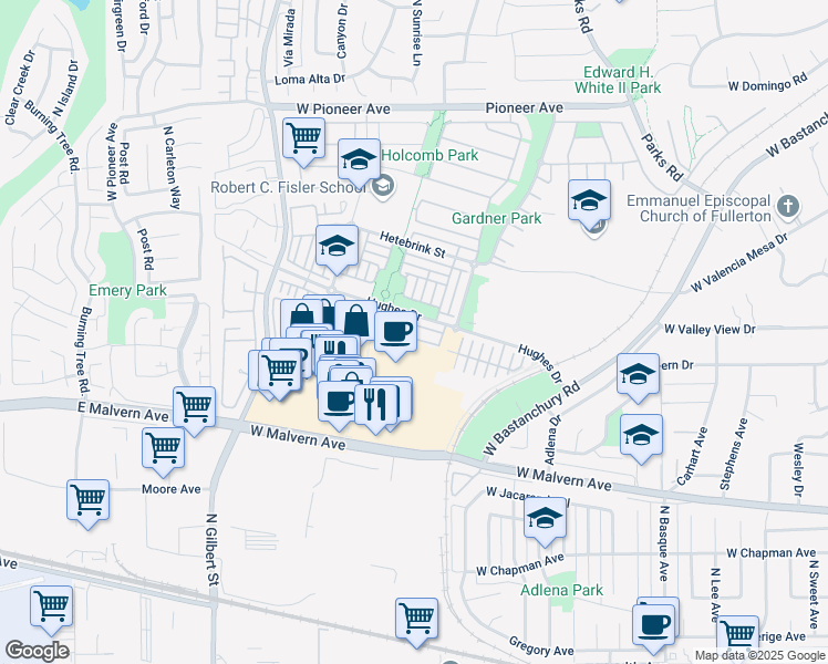 map of restaurants, bars, coffee shops, grocery stores, and more near 2116 Owens Drive in Fullerton