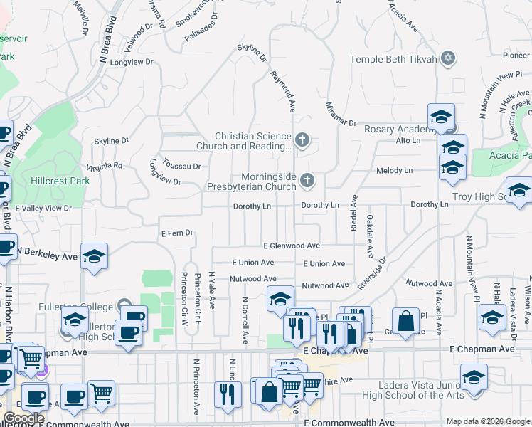 map of restaurants, bars, coffee shops, grocery stores, and more near 1118 North Cornell Avenue in Fullerton