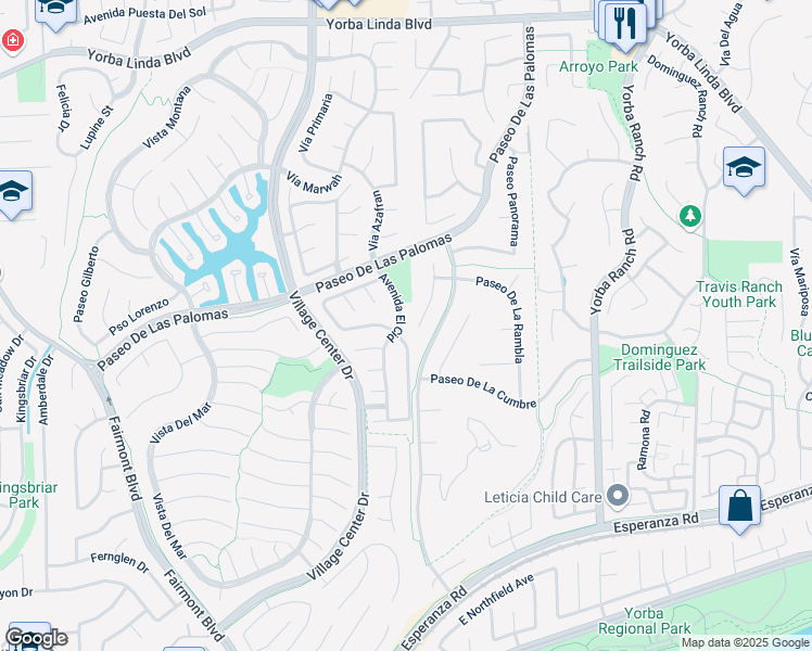 map of restaurants, bars, coffee shops, grocery stores, and more near 5410 Avenida El Cid in Yorba Linda