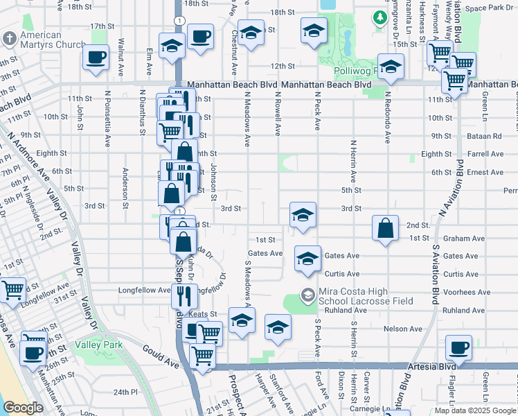 map of restaurants, bars, coffee shops, grocery stores, and more near 301 Carriage Place in Manhattan Beach