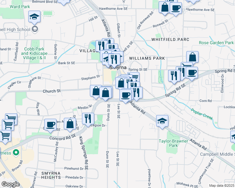 map of restaurants, bars, coffee shops, grocery stores, and more near 1315 Concord Road Southeast in Smyrna