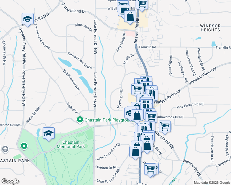 map of restaurants, bars, coffee shops, grocery stores, and more near 4605 Meadow Valley Drive Northeast in Atlanta