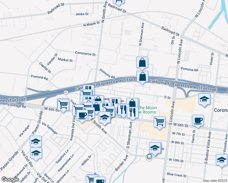 map of restaurants, bars, coffee shops, grocery stores, and more near in Corona