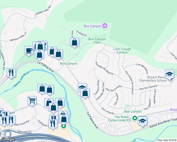 map of restaurants, bars, coffee shops, grocery stores, and more near 5365 Avenue De Michelle in Yorba Linda