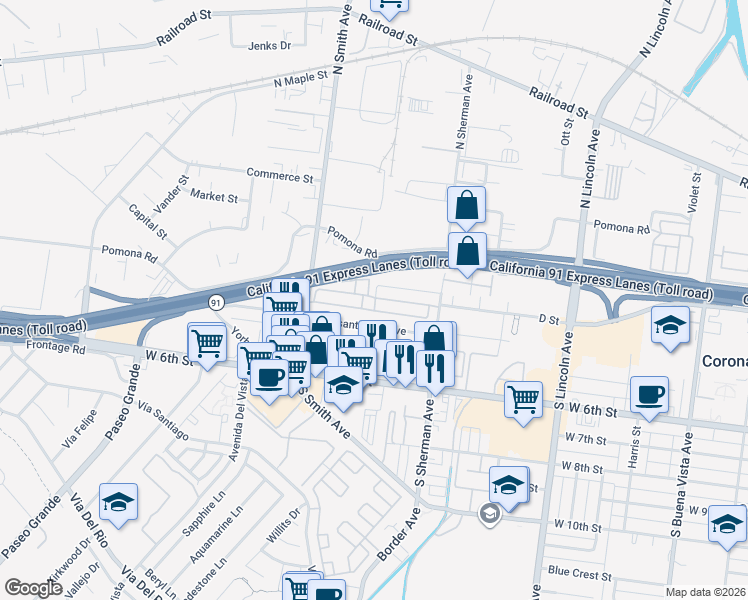 map of restaurants, bars, coffee shops, grocery stores, and more near in Corona