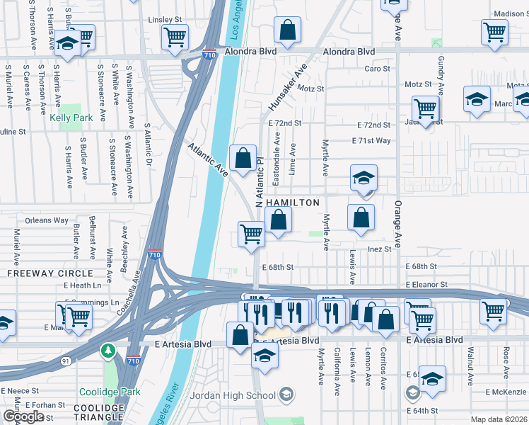 map of restaurants, bars, coffee shops, grocery stores, and more near 6950 North Atlantic Place in Long Beach