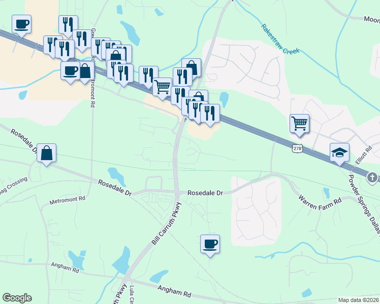 map of restaurants, bars, coffee shops, grocery stores, and more near 6736 Bill Carruth Parkway in Hiram