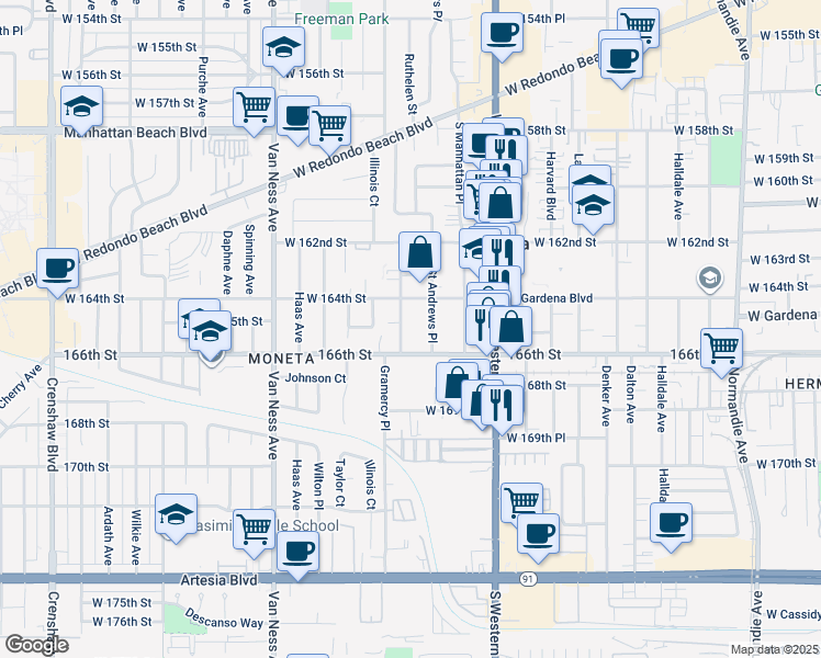 map of restaurants, bars, coffee shops, grocery stores, and more near 16514 Gramercy Place in Gardena