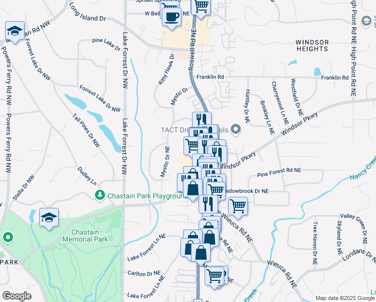 map of restaurants, bars, coffee shops, grocery stores, and more near 4615 Mystic Drive Northeast in Sandy Springs