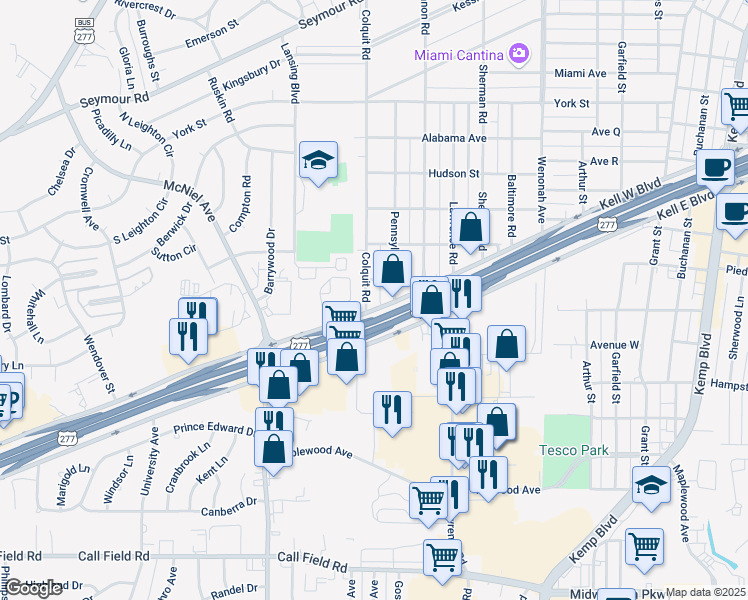map of restaurants, bars, coffee shops, grocery stores, and more near 3114 Colquit Road in Wichita Falls