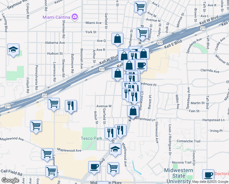 map of restaurants, bars, coffee shops, grocery stores, and more near 3121 Grant Street in Wichita Falls