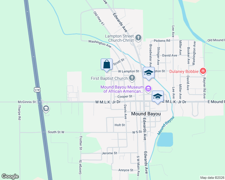 map of restaurants, bars, coffee shops, grocery stores, and more near 201-207 McLaurin Avenue in Mound Bayou
