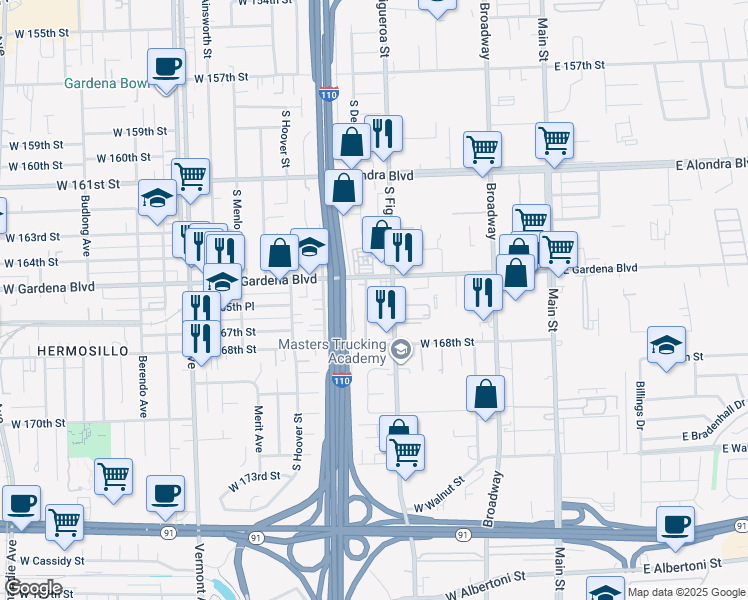 map of restaurants, bars, coffee shops, grocery stores, and more near 16521 South Figueroa Street in Gardena