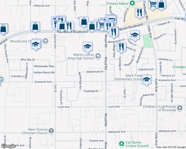 map of restaurants, bars, coffee shops, grocery stores, and more near 9360 Hearthstone Court in Riverside