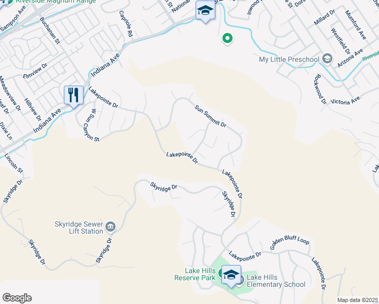 map of restaurants, bars, coffee shops, grocery stores, and more near 16411 Mountain Mist Street in Riverside