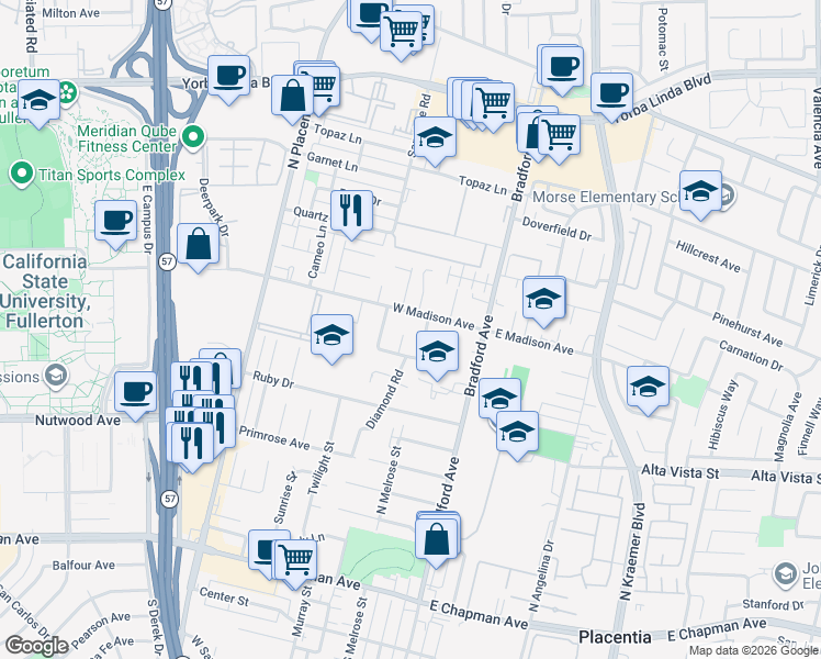 map of restaurants, bars, coffee shops, grocery stores, and more near 905 Jade Circle in Placentia