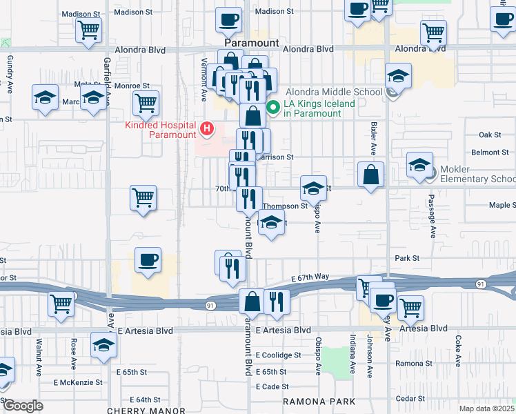 map of restaurants, bars, coffee shops, grocery stores, and more near 6938 Paramount Boulevard in Long Beach