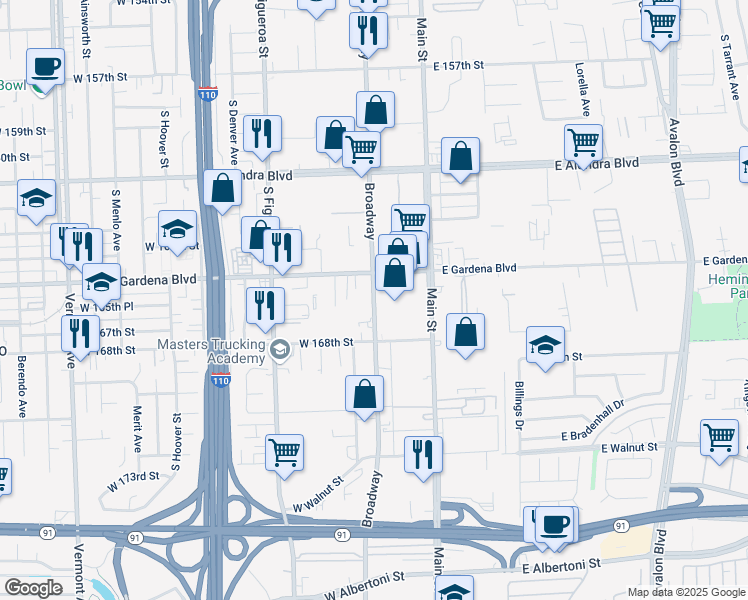 map of restaurants, bars, coffee shops, grocery stores, and more near 16630 S Broadway in Gardena