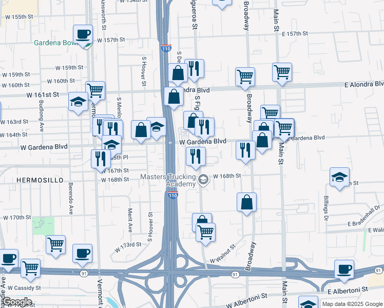 map of restaurants, bars, coffee shops, grocery stores, and more near 16536 South Figueroa Street in Gardena