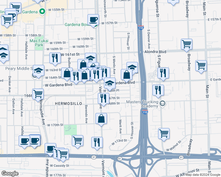 map of restaurants, bars, coffee shops, grocery stores, and more near 812 West 165th Place in Gardena
