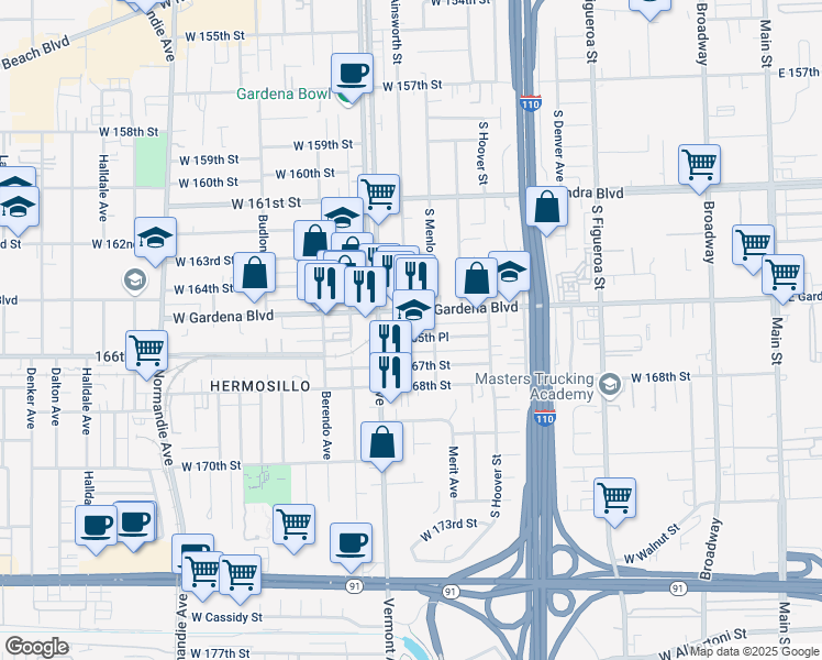 map of restaurants, bars, coffee shops, grocery stores, and more near 812 West 165th Place in Gardena
