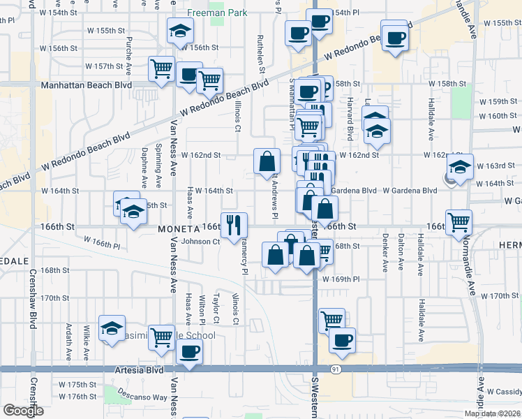map of restaurants, bars, coffee shops, grocery stores, and more near 16514 Gramercy Place in Gardena