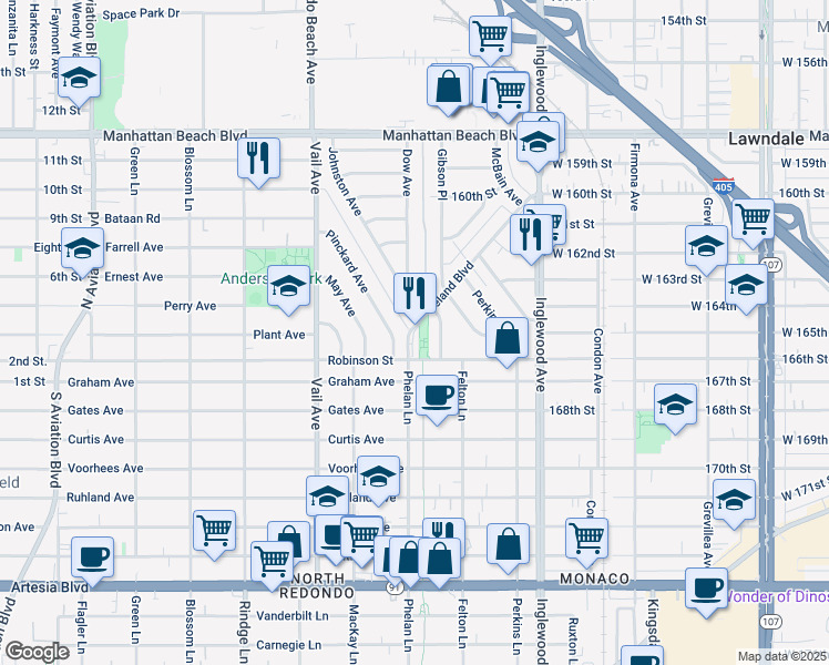 map of restaurants, bars, coffee shops, grocery stores, and more near 2802 Pinckard Avenue in Redondo Beach