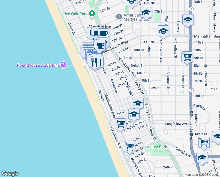 map of restaurants, bars, coffee shops, grocery stores, and more near 506 Manhattan Avenue in Manhattan Beach