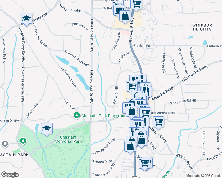 map of restaurants, bars, coffee shops, grocery stores, and more near 4605 Meadow Valley Drive Northeast in Atlanta