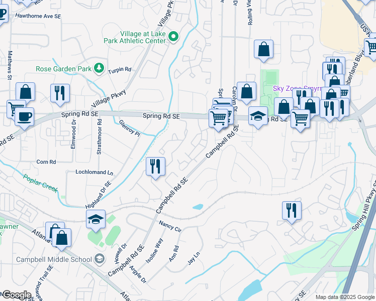 map of restaurants, bars, coffee shops, grocery stores, and more near 1101 Country Park Drive in Smyrna