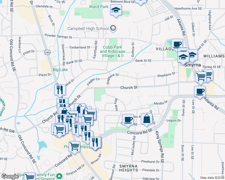 map of restaurants, bars, coffee shops, grocery stores, and more near 3011 Clifton Road in Smyrna