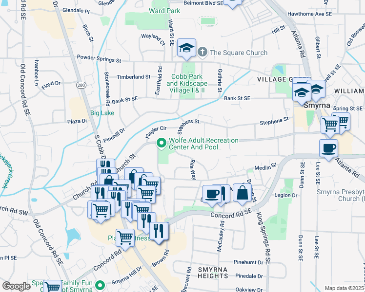 map of restaurants, bars, coffee shops, grocery stores, and more near 938 Church Street in Smyrna