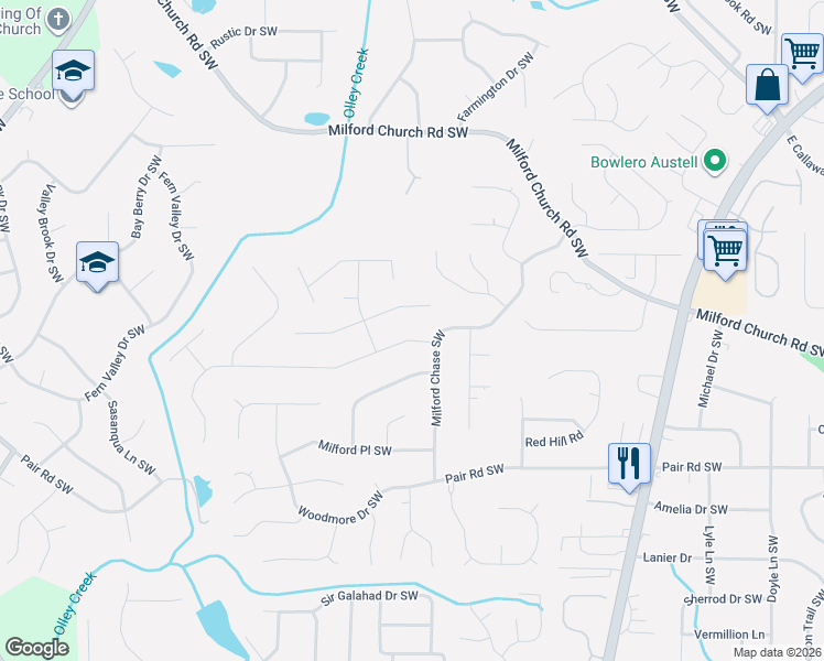 map of restaurants, bars, coffee shops, grocery stores, and more near 1521 North Milford Creek Lane Southwest in Marietta