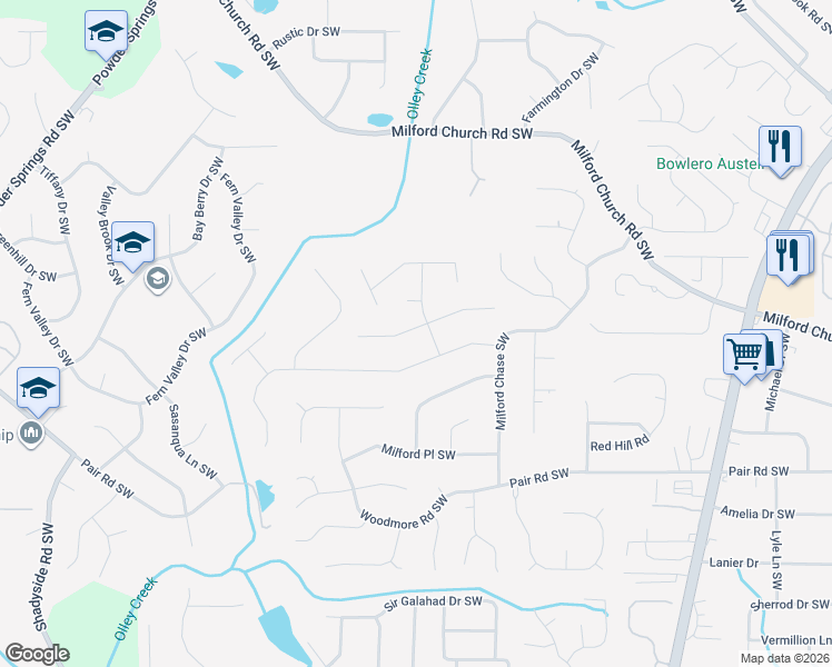 map of restaurants, bars, coffee shops, grocery stores, and more near 1740 Milford Creek Overlook Southwest in Marietta