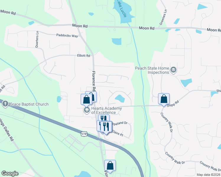 map of restaurants, bars, coffee shops, grocery stores, and more near 5095 Lakewood Way in Powder Springs