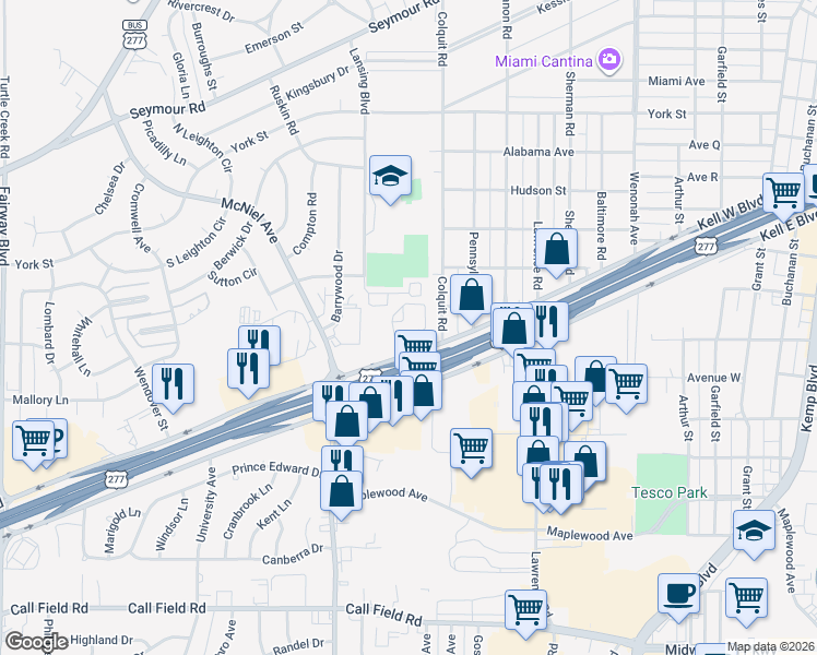 map of restaurants, bars, coffee shops, grocery stores, and more near 4000 Kell West Boulevard in Wichita Falls