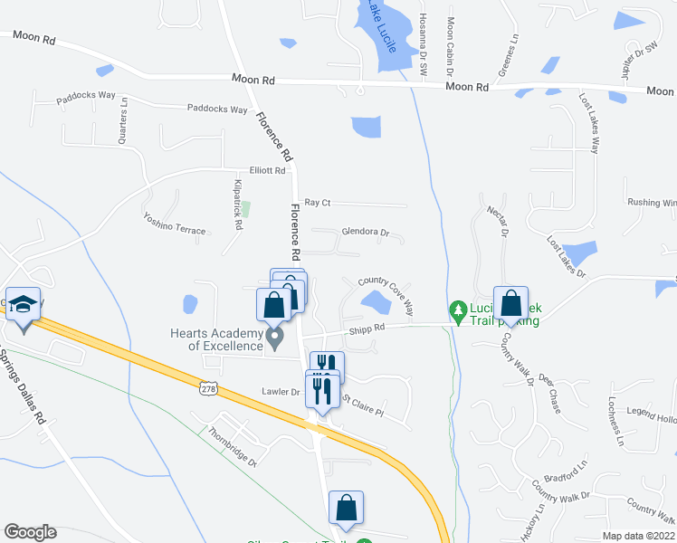 map of restaurants, bars, coffee shops, grocery stores, and more near 5093 Lakewood Way in Powder Springs