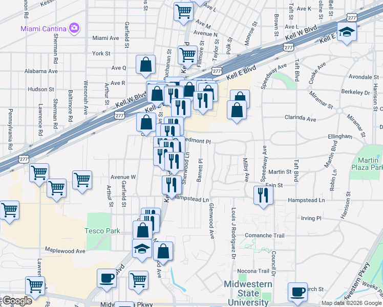 map of restaurants, bars, coffee shops, grocery stores, and more near 3115 Sherwood Lane in Wichita Falls