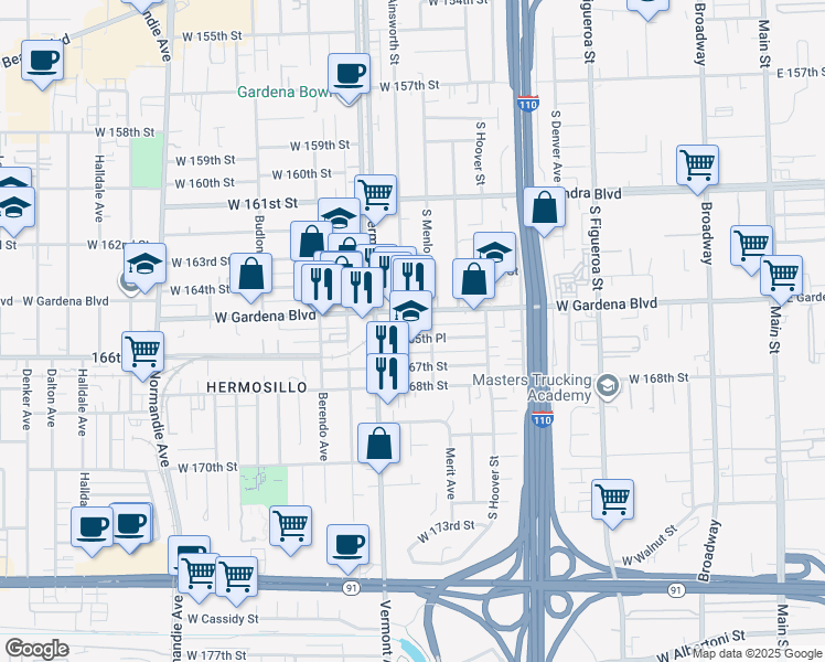 map of restaurants, bars, coffee shops, grocery stores, and more near 819 West 165th Place in Gardena