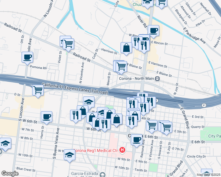map of restaurants, bars, coffee shops, grocery stores, and more near 2 Merrill Street in Corona