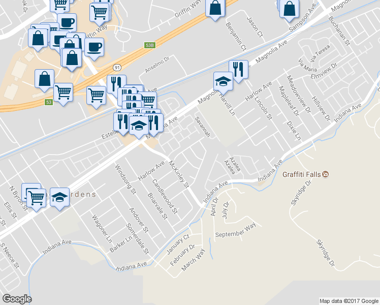 map of restaurants, bars, coffee shops, grocery stores, and more near 3682 North Pole Lane in Riverside