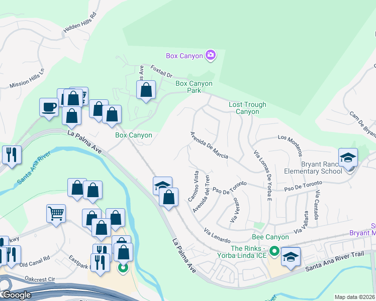 map of restaurants, bars, coffee shops, grocery stores, and more near 5340 Avenue De Michelle in Yorba Linda