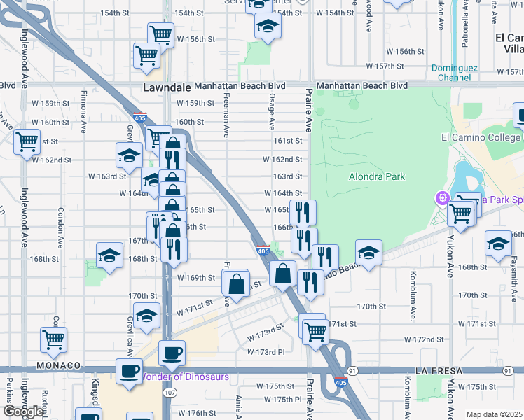 map of restaurants, bars, coffee shops, grocery stores, and more near 4003 West 165th Street in Lawndale
