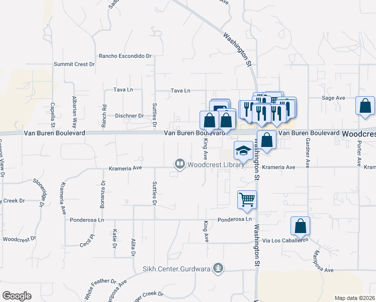 map of restaurants, bars, coffee shops, grocery stores, and more near 16465 Lois Lane in Riverside
