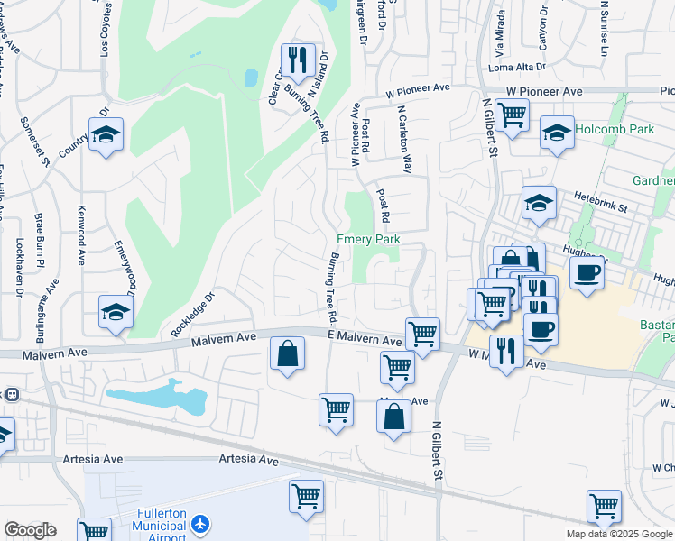 map of restaurants, bars, coffee shops, grocery stores, and more near 1109 Seville Place in Fullerton